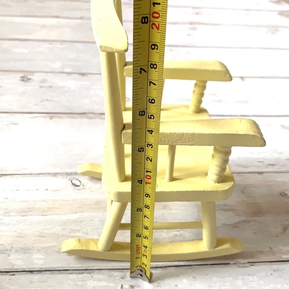Miniature Wooden Rocking Chair Yellow Doll Furniture Decor 7.5in Tall